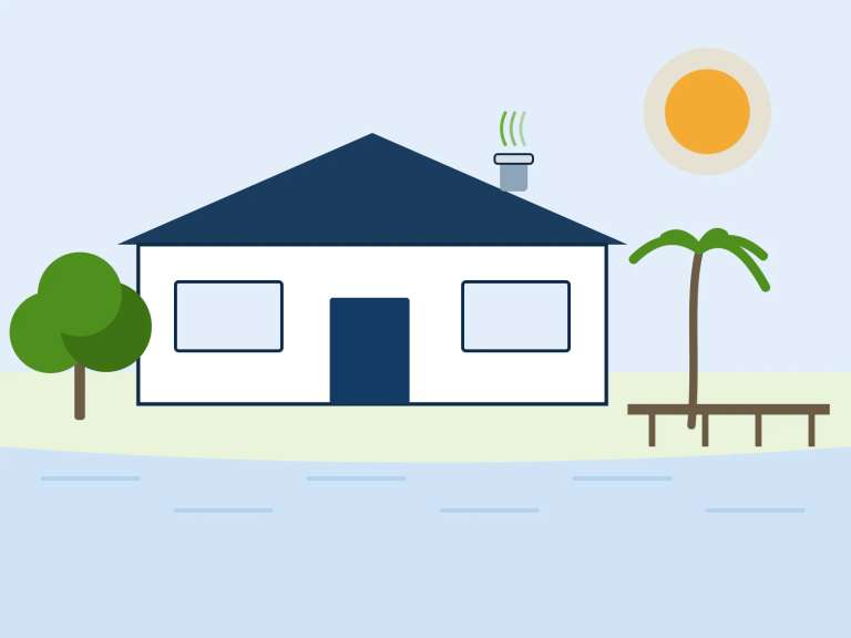 Ilustración: una casa de una planta junto a un lago, con una salida en el techo que deja escapar aire caliente