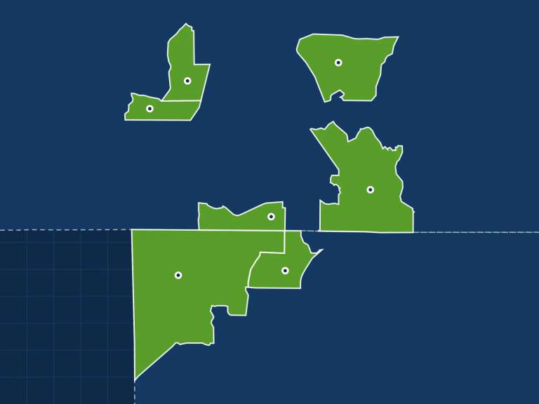 Ilustración: un mapa de las siete comunidades que atendemos, trazado con los límites del Censo de EE. UU., con la línea entre los condados de Pasco y Hillsborough punteada